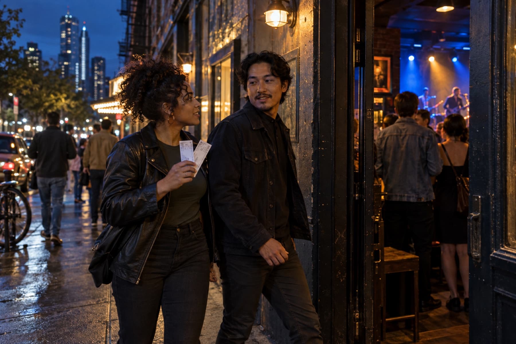Friends heading into a neighborhood live music venue